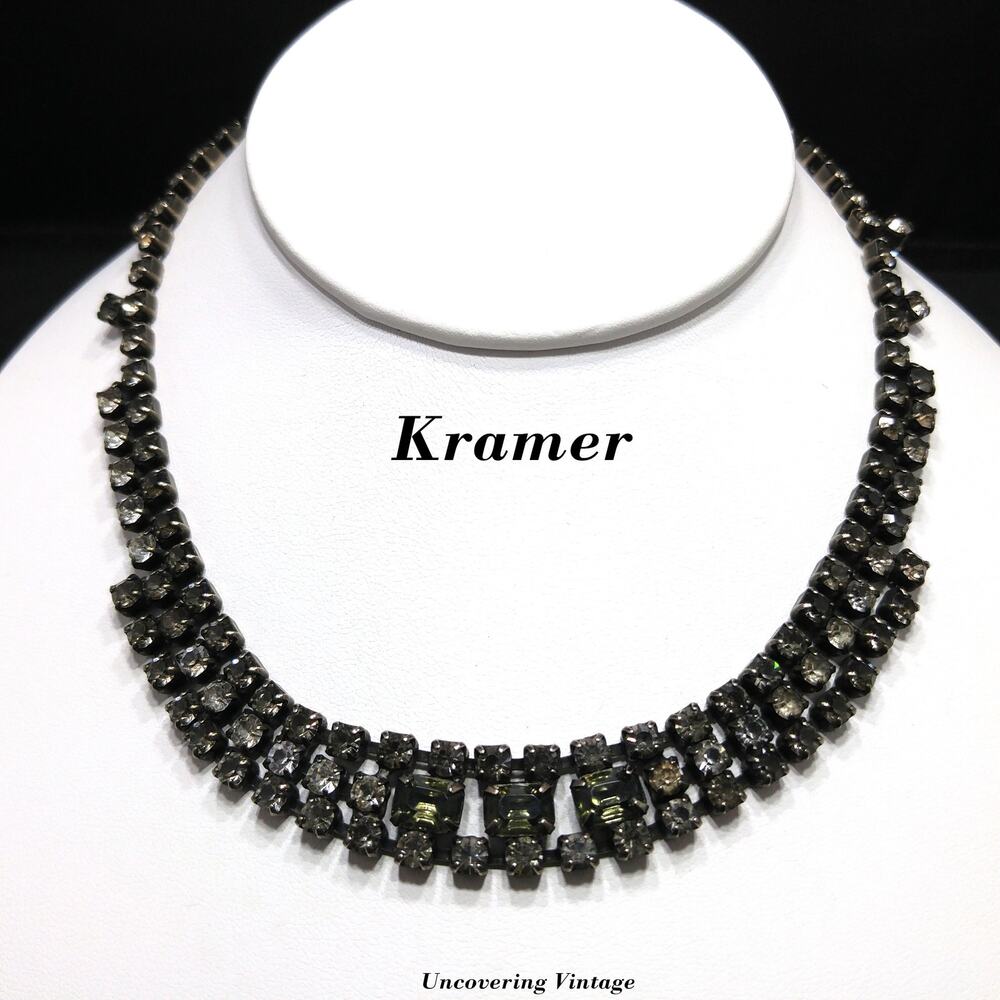 Kramer Black Diamond Rhinestone Choker Necklace, Dark Green Glass, 1950s Vintage